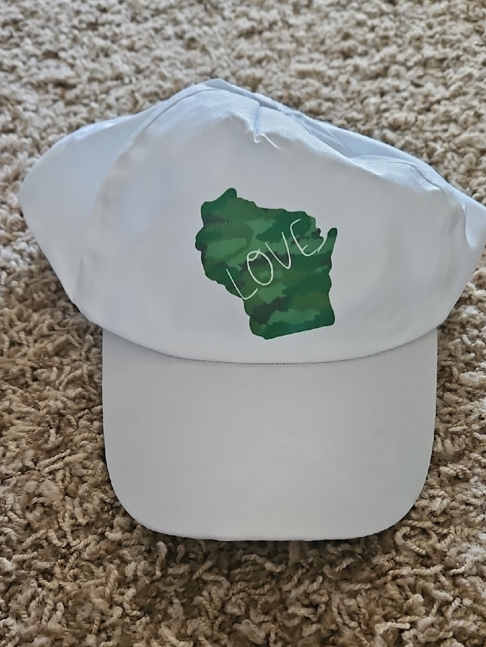 White Baseball Cap with Green Camouflage State 'LOVE' Graphic